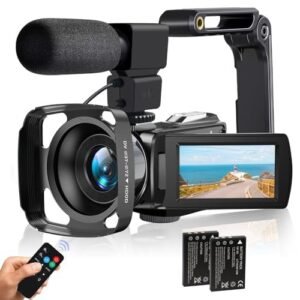 lovpo Camcorder Video Camera 4K 48MP HD Camera Recorder, 18X Digital Zoo 3" Touch Screen Vlogging Camera for YouTube with Microphone, Stabilizer, Lens Hood, Remote and 2 Batteries